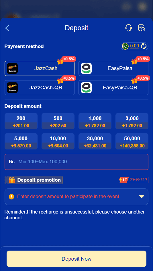TC777 deposit screen showing JazzCash, EasyPaisa, JazzCash-QR and EasyPaisa-QR payment methods each with a plus 0.5 percent badge, preset amount tiles, and an amount field labelled minimum 100 maximum 100,000