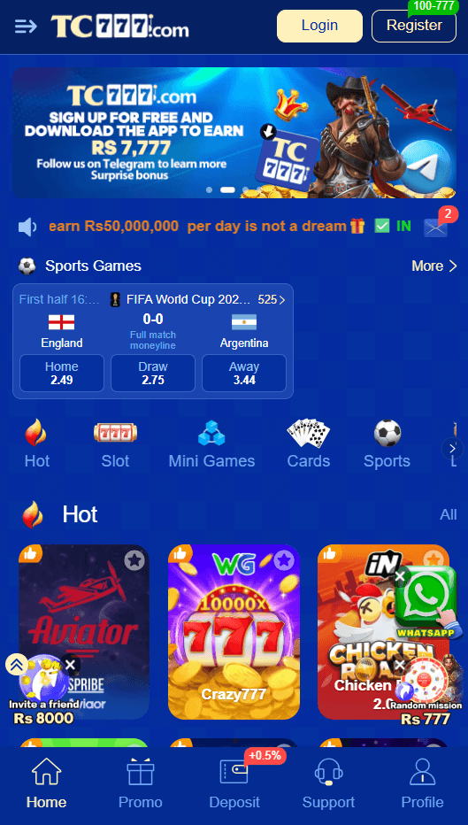 TC777 app home screen showing the game category tabs Hot, Slot, Mini Games, Cards and Sports, with Aviator, Crazy777 and Chicken Road in the Hot section and live FIFA World Cup betting odds above