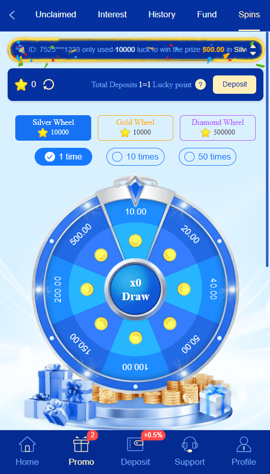 TC777 Lucky Spins screen showing Silver Wheel and Gold Wheel at 10,000 lucky points and Diamond Wheel at 500,000, with a prize wheel marked from 10.00 to 500.00 and a note that total deposits convert at 1 rupee to 1 lucky point