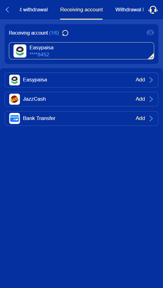 TC777 receiving account screen showing Easypaisa, JazzCash and Bank Transfer as the three available withdrawal methods